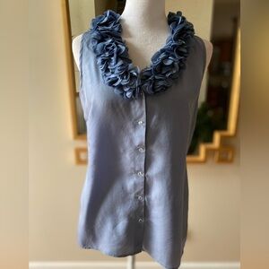Anne Taylor Silk Sleeveless Blue Floral Ruffle neck Woman’s Petite Small blouse